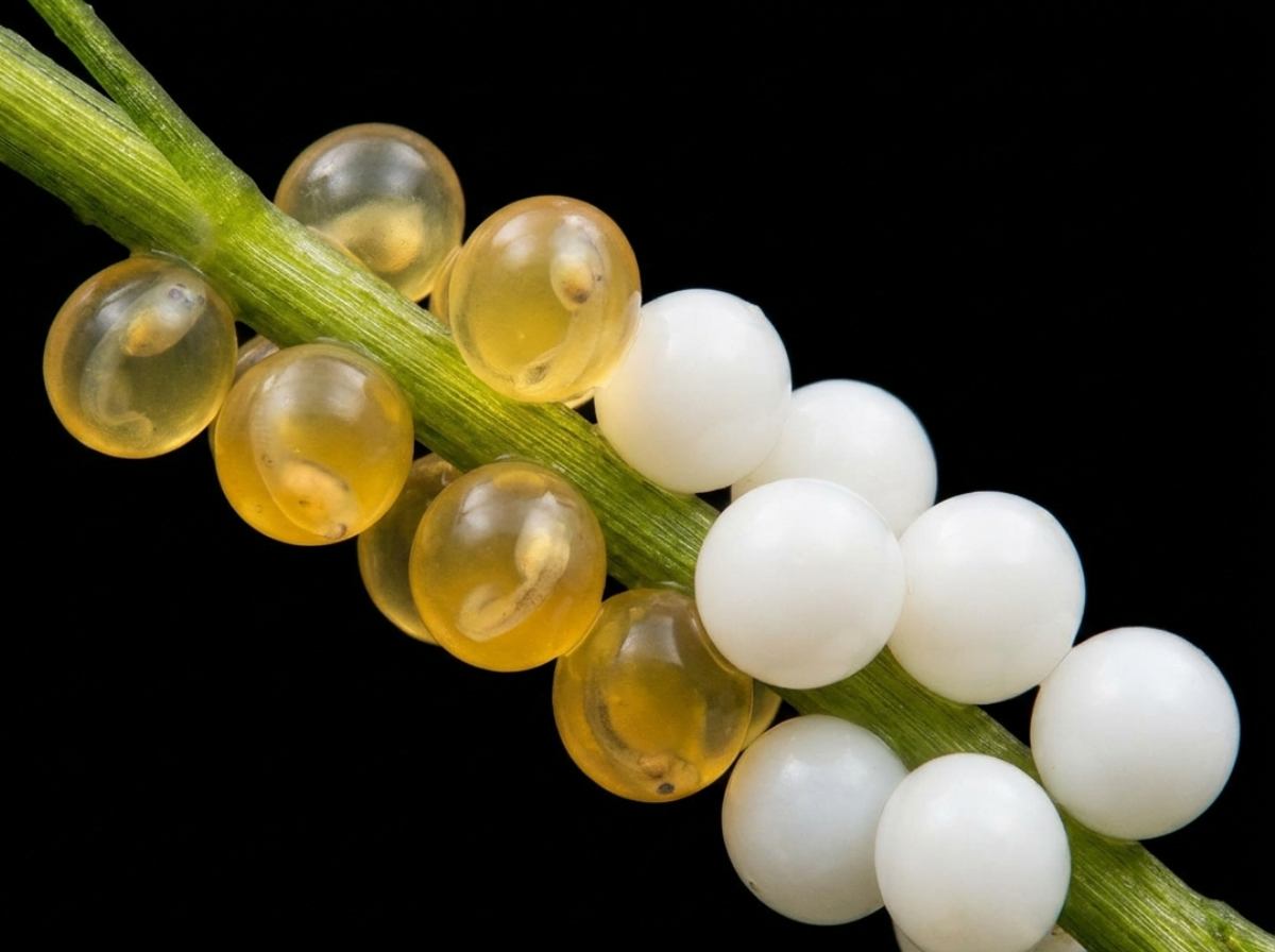 Huevos de goldfish fertilizados dorados y no fertilizados blancos
