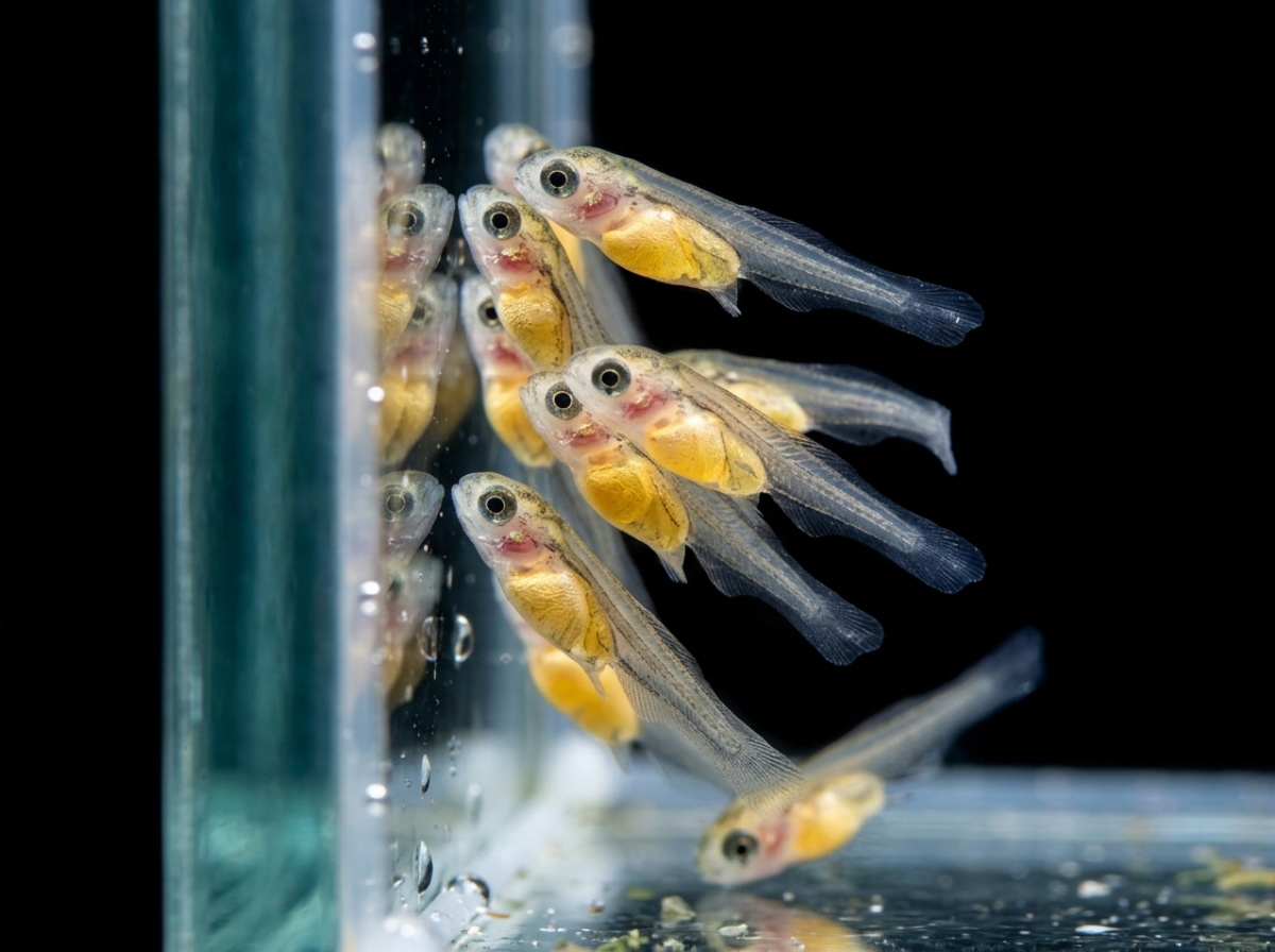 Alevines de goldfish recién eclosionados con saco vitelino