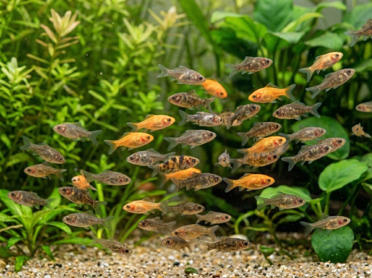 Alevines de goldfish crecidos nadando en acuario