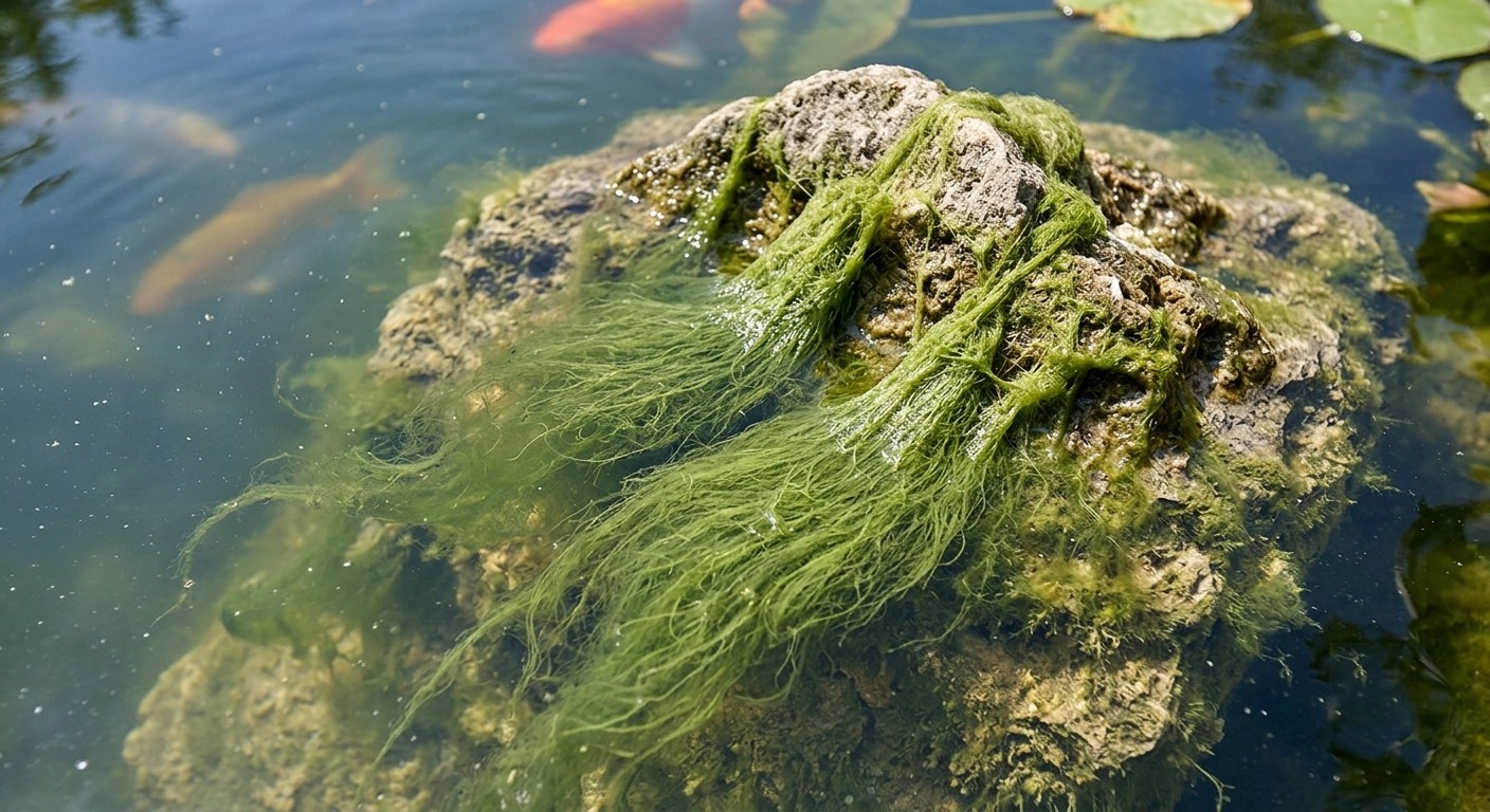 Algas filamentosas verdes sobre una piedra en un estanque