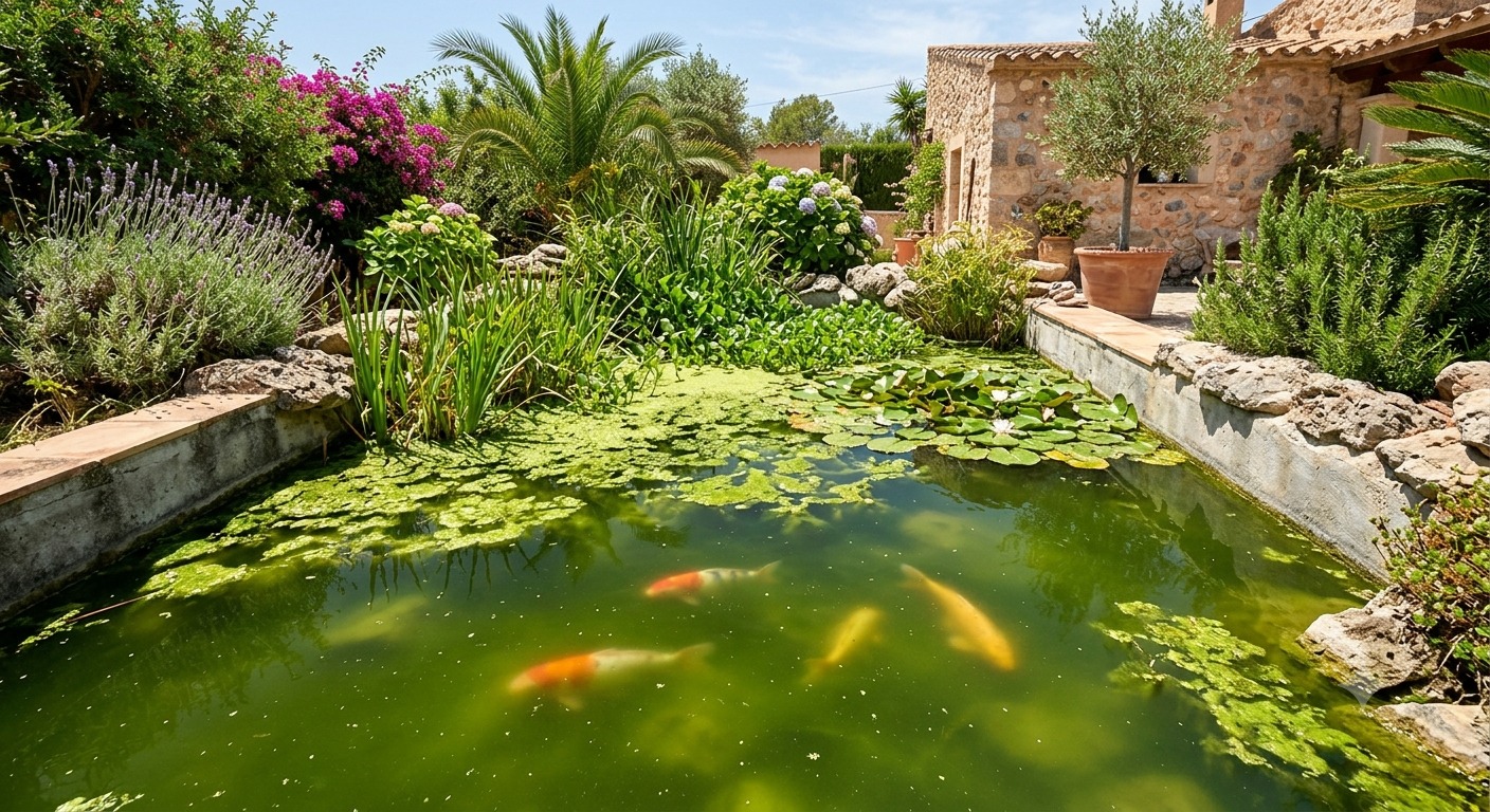 Estanque con agua verde por algas en verano