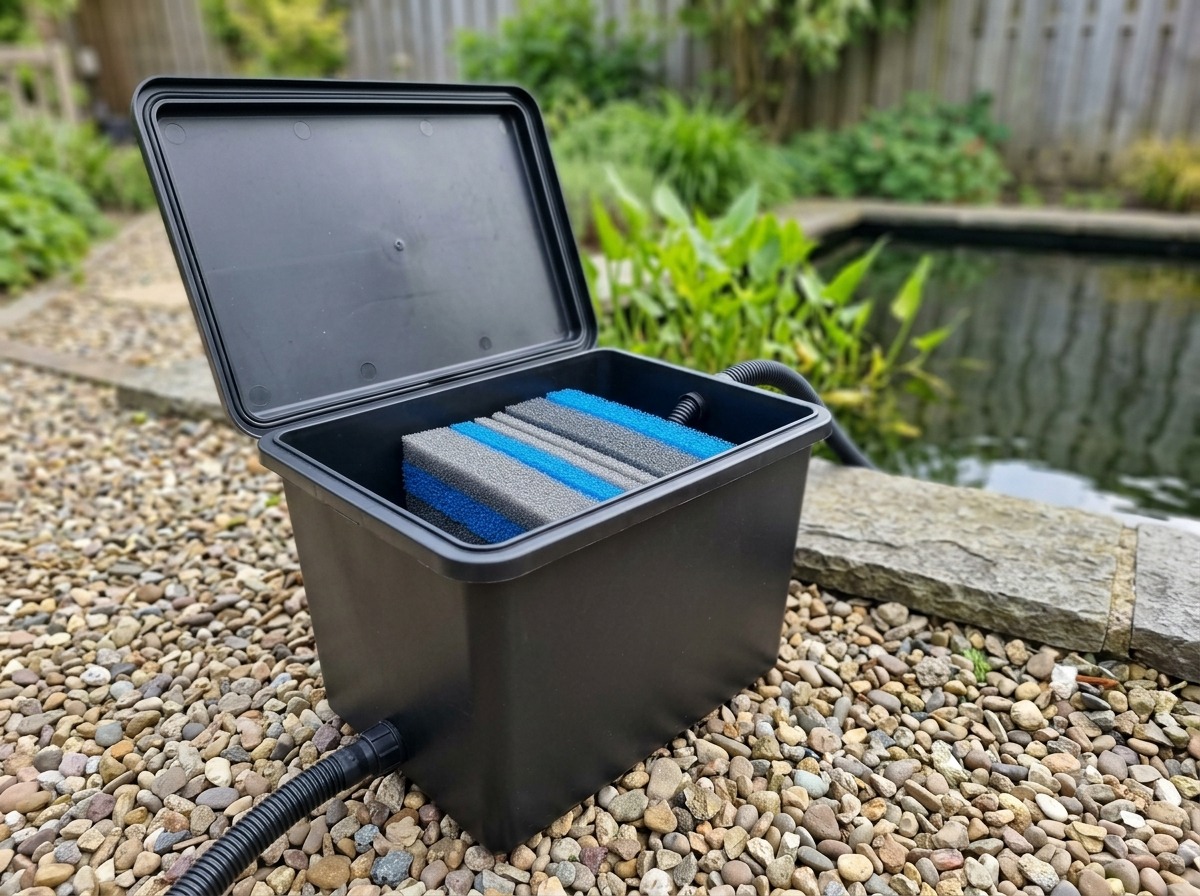 Filtro de gravedad para estanque koi abierto mostrando esponjas filtrantes